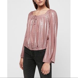 EXPRESS Metallic Bell Sleeve Button Front Top